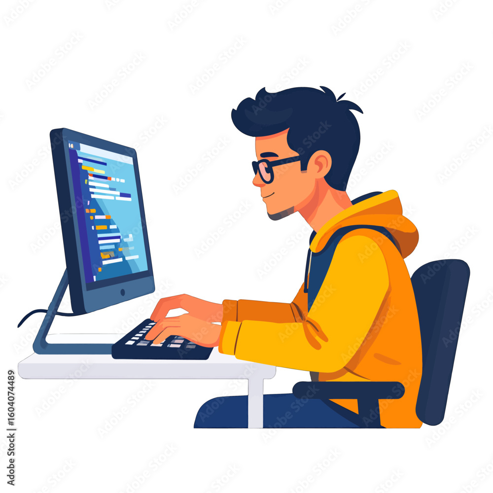 Aufkleber young male programmer in a yellow hoodie and glasses typing code on a desktop computer.