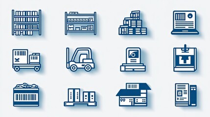 Warehouse inventory icon set showing logistics, storage racks, barcode scanning, product tracking, and supply management