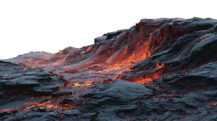 Sloping volcanic mountainside with glowing orange lava cascading down isolated on transparent background