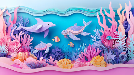 A whimsical underwater diorama featuring a dolphin and sea turtles swimming amidst vibrant coral reefs and marine plants, created in a beautiful layered paper craft art style.