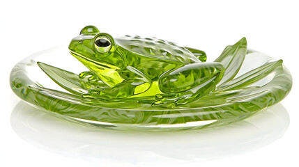 A vibrant green glass frog sits atop a lily pad