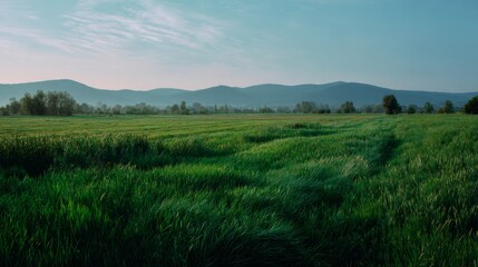 panoramic landscape of green fields for background