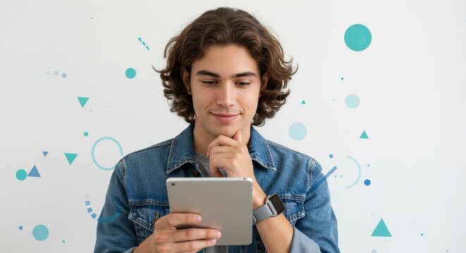 Young man thoughtfully using a tablet against a geometric backdrop.