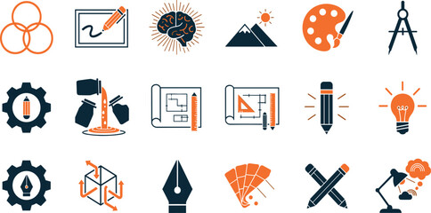 Art, creativity and graphic design related editable stroke outline icons set isolated on white background flat vector illustration