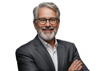 Portrait of a smiling man with glasses in a gray suit coat on transparent background