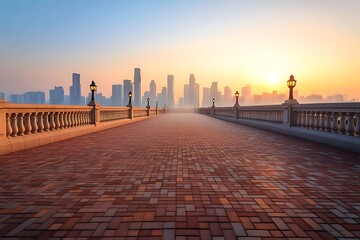 Fototapeta premium Empty brick path leading towards city skyline at warm dawn with vintage lamps