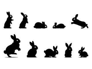 Collection of black rabbit silhouettes in various poses and actions isolated on white background