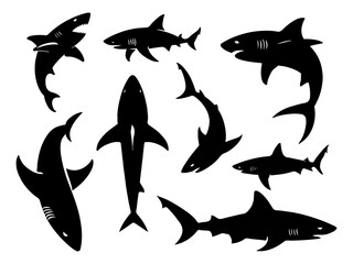 Collection of diverse shark silhouettes in various dynamic poses and perspectives isolated on white background