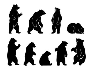 Collection of diverse bear silhouettes in various poses and actions isolated on white background