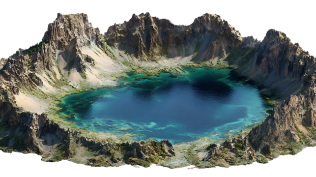 Vibrant blue lake within a dramatic rocky crater with steep slopes and vegetation isolated on transparent background