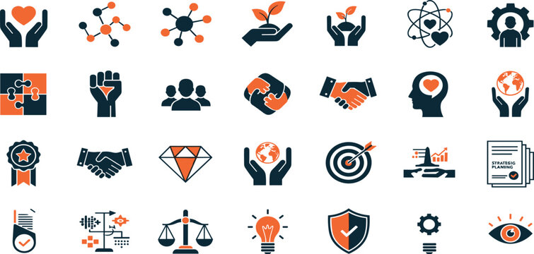 Core values as trust, integrity, environment, empowerment, strategy, morality and more editable stroke outline icons set isolated on white background flat vector illustration
