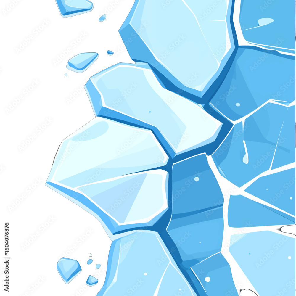 Poster stylized illustration of a fractured blue ice surface breaking apart into sharp, angular shards and 