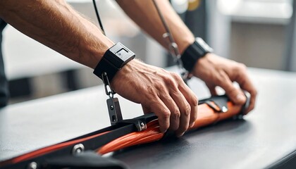 Person Preparing Workout Equipment with Wrist Weights