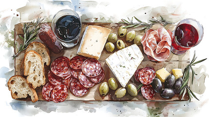 An artistic watercolor illustration of a rustic charcuterie board, featuring a gourmet spread of assorted cheeses, cured meats, olives, and red wine, perfect for a gathering.