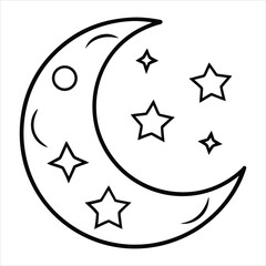 Simple Black And White Illustration of Moon and Stars in Night Sky