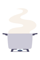 Cooking pot with rising steam, shown on gas burner. Minimal front view of hot kitchen cookware. Simple illustration, stock flat vector, isolated.