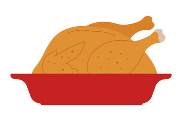 Whole roasted turkey in red baking dish, top view. Baked poultry with crispy skin for festive meal. Simple illustration, stock flat vector, isolated.