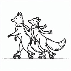 Two happy foxes roller skating together in a playful style on a white background with copy space