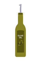 Olive oil bottle with pour spout and green label. Cooking ingredient in minimalist style on white background. Simple illustration, stock flat vector, isolated.