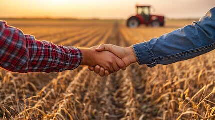 Farmers shaking hands over golden wheat field at sunset with tractor in background