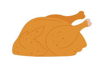 Whole roasted turkey without dish, isolated on white background. Baked poultry with crispy golden skin. Simple illustration, stock flat vector, isolated.