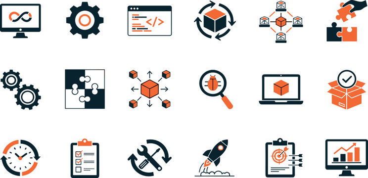 DevOps development and operations concept editable stroke outline icons set isolated on white background flat vector illustration.