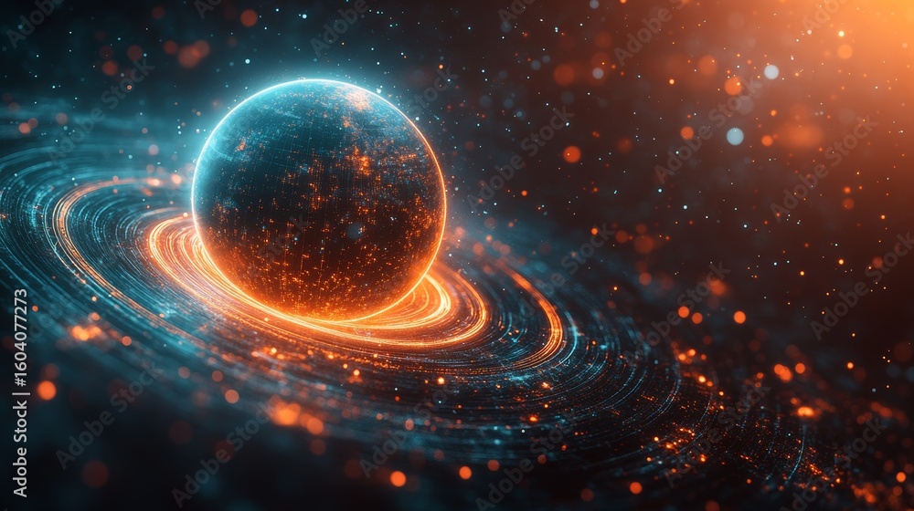 Poster dark minimal background featuring futuristic 3d hologram of ringed planet spinning in outer space
