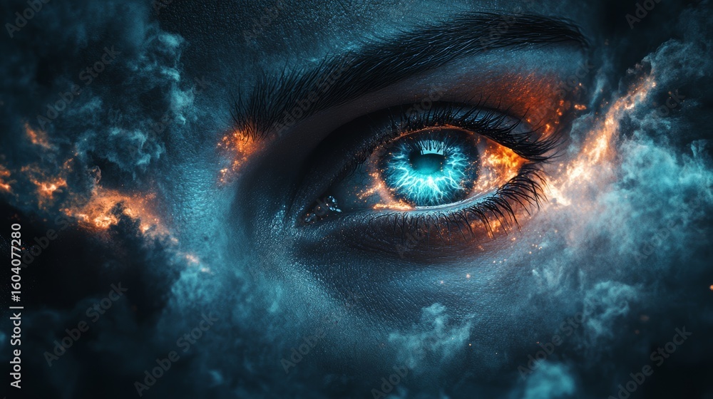 Poster dark textured background with abstract glowing eye shapes emerging from shadows slightly off center
