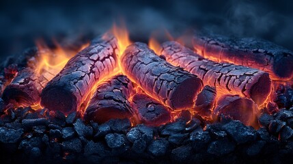 Close up view of glowing embers and crackling burning wood textures revealing intricate charred details