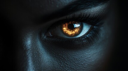 Dark background with glowing eyes nestled in expansive negative space to right side