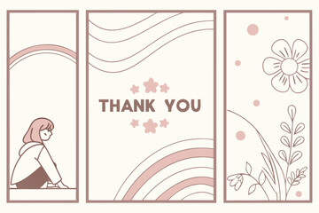 A charming triptych featuring a young girl a thank you message surrounded by flowers and a floral illustration with soft pastel colors