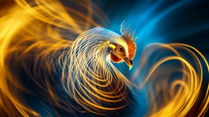 Dynamic golden light streaks swirling around a rooster silhouette in dark environment