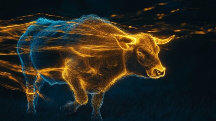 Dynamic long exposure photography of ox creating swirling golden light trails around silhouette