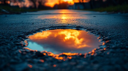 Empty Urban Street With Isolated Rain Puddle Reflecting Dramatic Sunset Sky And Spacious Right Side