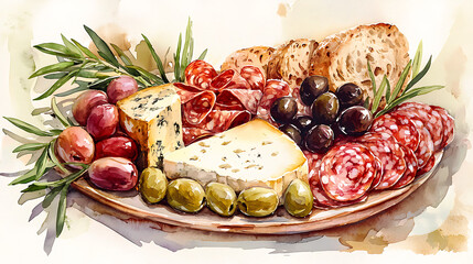 A beautifully arranged charcuterie board with assorted cheeses, salami, olives, grapes, and rustic bread, depicted in a classic watercolor illustration style.