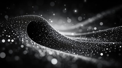 Endless looping tunnel of glowing white dot particles forming spiral in dark negative space environment