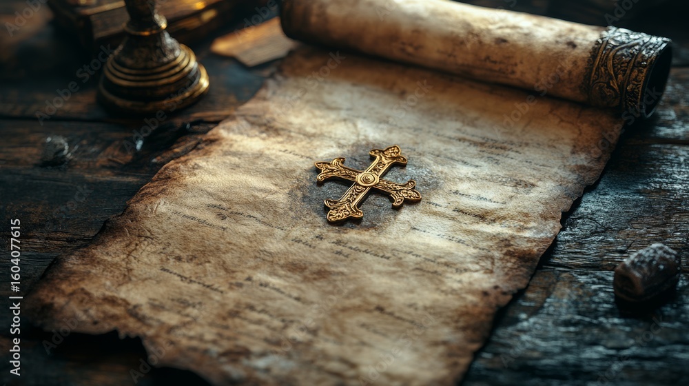 Poster flat lay arrangement of ornate papal ring and golden cross on aged parchment scroll with subtle wax 