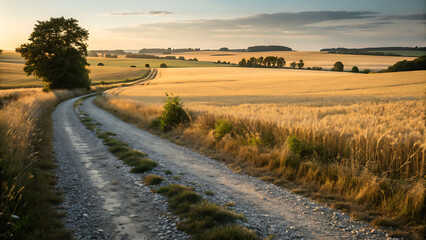 Golden Field Path: A winding gravel road snakes through a vast field of golden wheat under a tranquil, hazy sunset, leading towards a horizon dotted with trees.