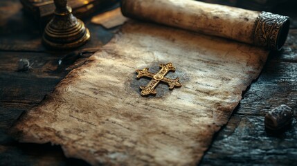 Flat lay arrangement of ornate papal ring and golden cross on aged parchment scroll with subtle wax seal on clean table surface