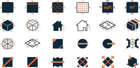 Dimension, area and perimeter measure concept editable stroke outline icons set isolated on white background flat vector illustration.