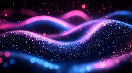Futuristic Glowing Neon DNA Double Helix Spiral Rotating in Dark Space Background