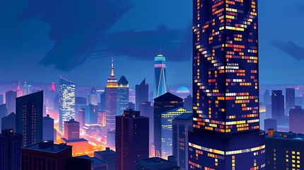 A digital painting of a bustling cityscape at night, showcasing a modern skyscraper, with sleek architecture, illuminated windows, the image emphasizing scale and ambition, rendered in deep blues