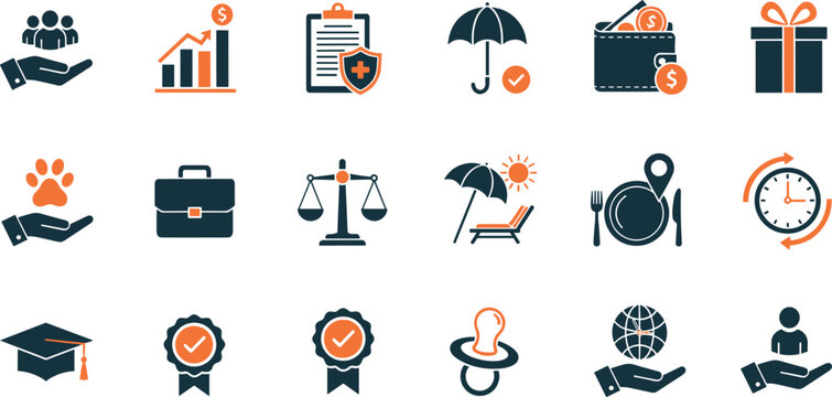 Employee benefit editable stroke outline icons set isolated on white background flat vector illustration