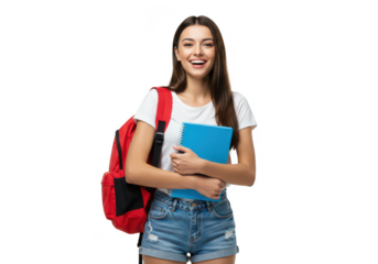 Happy young woman student with backpack and books isolated on transparent background