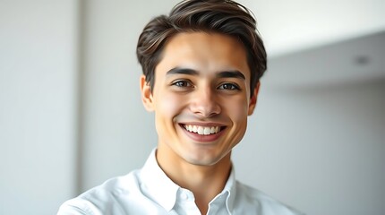 A high-key photograph of a young entrepreneur confidently smiling at the camera, their friendly and approachable expression complemented by a crisp white shirt and radiant skin tone