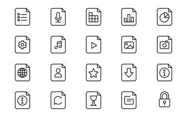 Document & File Type Icon Set - Data, Audio, Video, Image, Report, Settings, and Information File Vectors