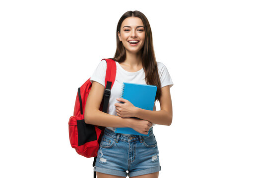Happy young woman student with backpack and books isolated on transparent background