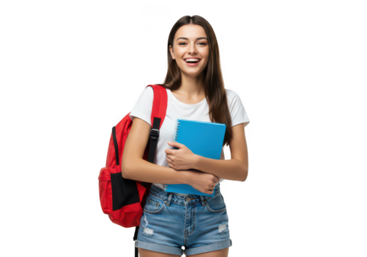 Happy young woman student with backpack and books isolated on transparent background