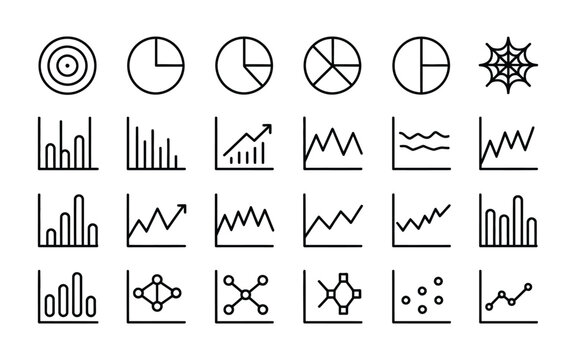 Data Analytics & Chart Icon Set - Pie Charts, Bar Graphs, Line Graphs, Scatter Plots, and Target Data Visualization Vectors