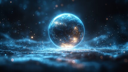 Minimalist dark futuristic spinning holographic planet with soft neon glow floating above abyssal space surface